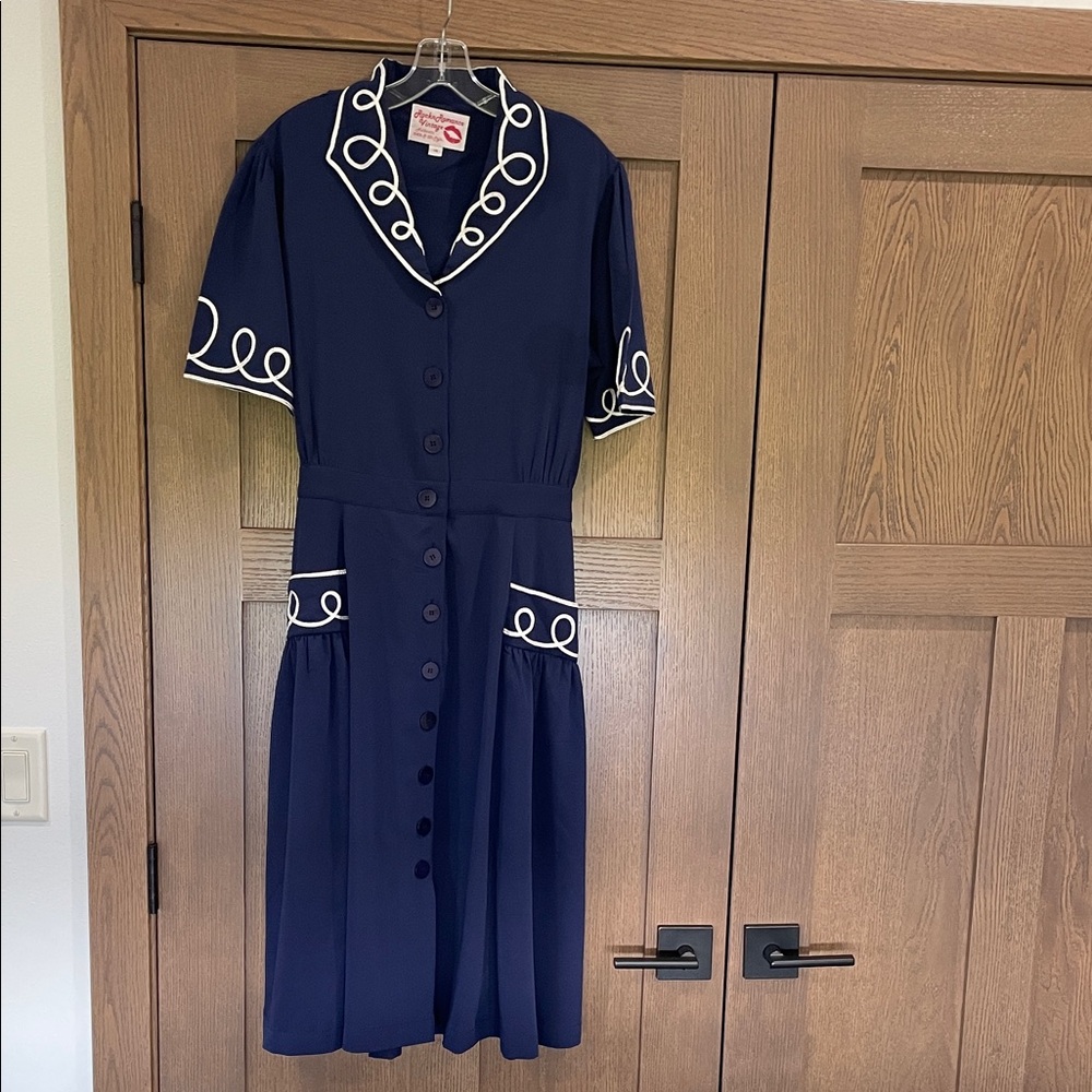Vintage-Inspired Navy Dress with White Trim size 18